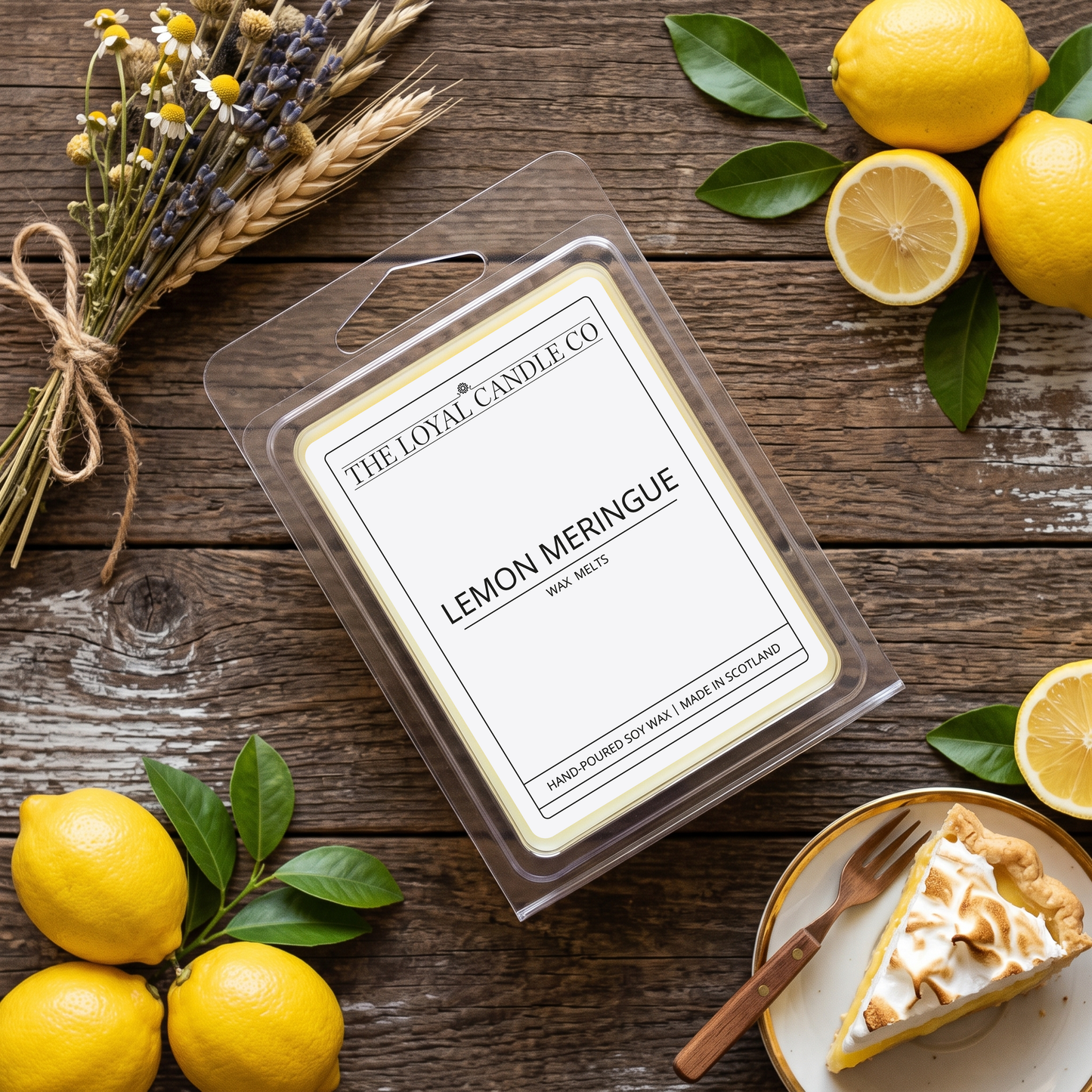 Lemon Meringue wax melt clamshell with lemon on a dark wood background.